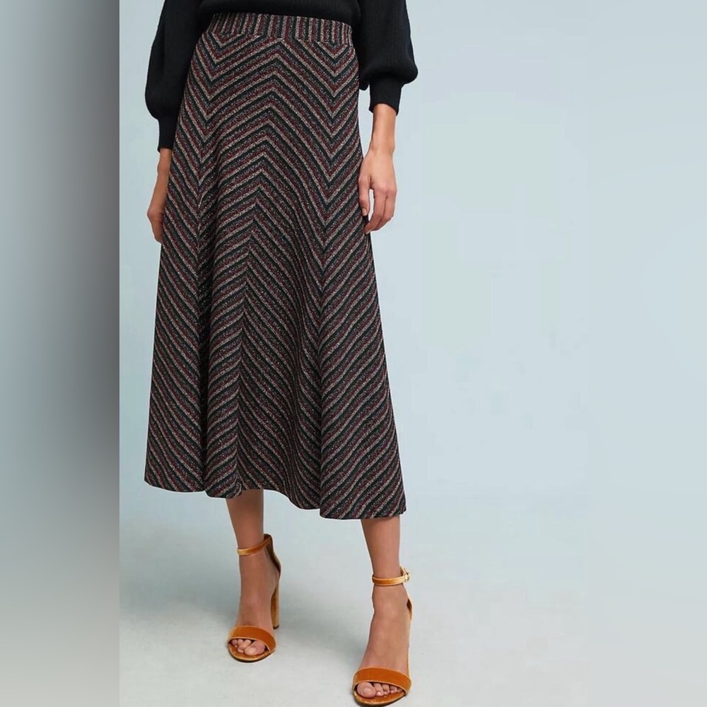 Anthropologie x Maeve Women’s Chevron Shine A-Line Midi Black Metallic Skirt